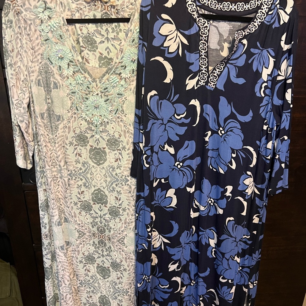 Two XL Soft Surroundings Caftan Maxi Dresses  V-Neck Resort Dress